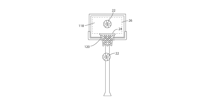 Technical drawing of a basketball hoop with labeled parts on a white background